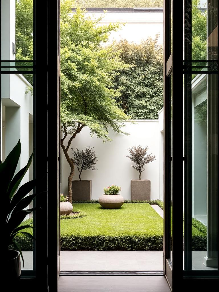 Private courtyard garden viewed through tall glass doors