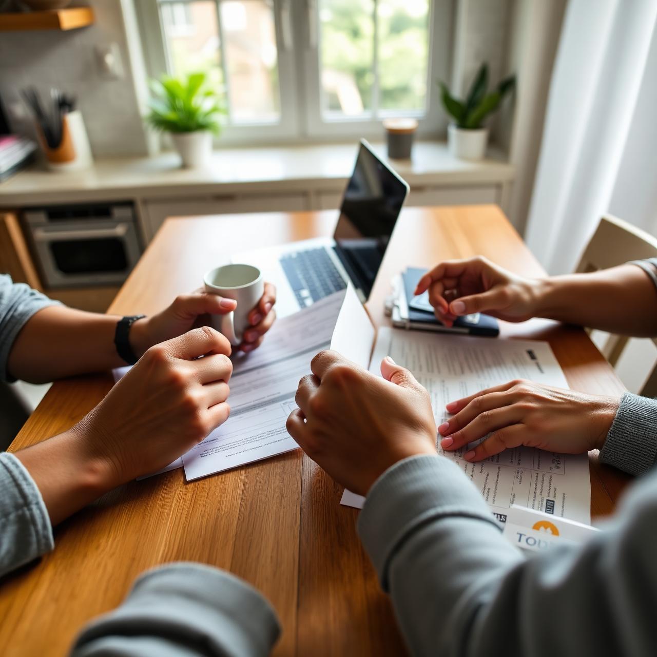 Hands across a kitchen table reviewing real estate paperwork