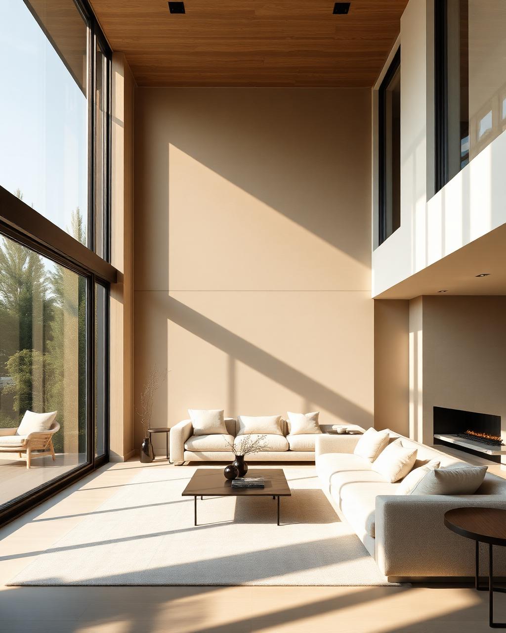 Sunlit luxury living room with floor-to-ceiling windows